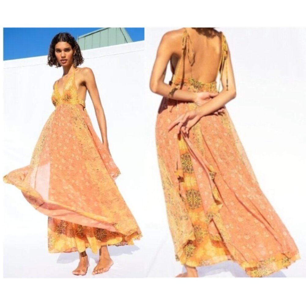 Free People Chiffon Meredith Maxi Dress Small Orange Boho Bohemian Flowy *FLAW